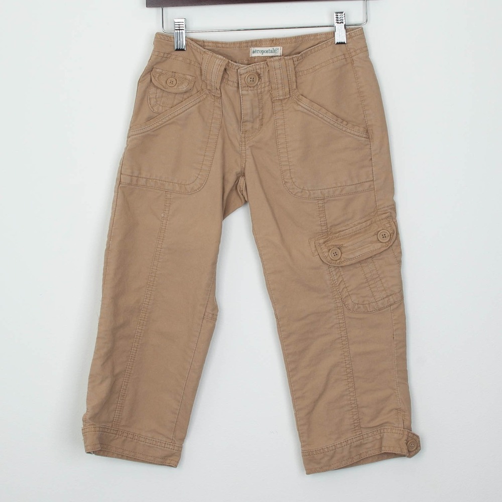 Aeropostale Womens Cargo Capri‎ Pants Size 00 Tan Khaki Low Rise Utility Y2K